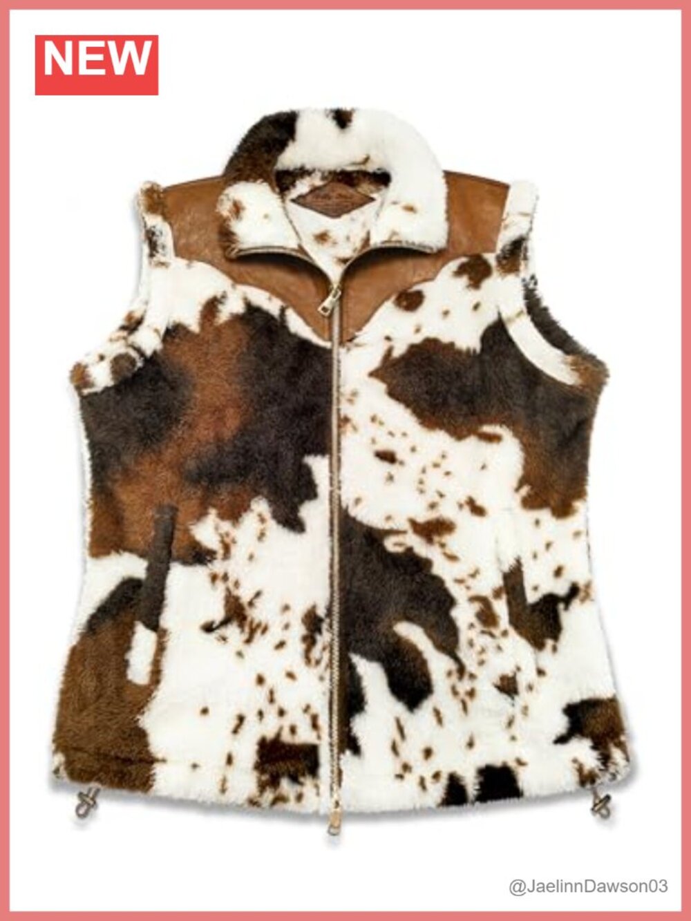 Fuzzy Cow Print Sherpa Fleece Vest Vegan Leather Trim Sleeveless Outerwear